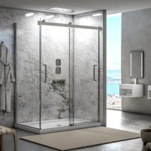 Fleurco Mercury Frameless sliding doors with return panel