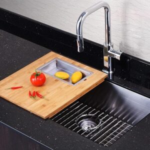 Riego Single Bowl Undermount Sink Kit with Cutting Board, Colander, Wire Grid, Basket Strainer
